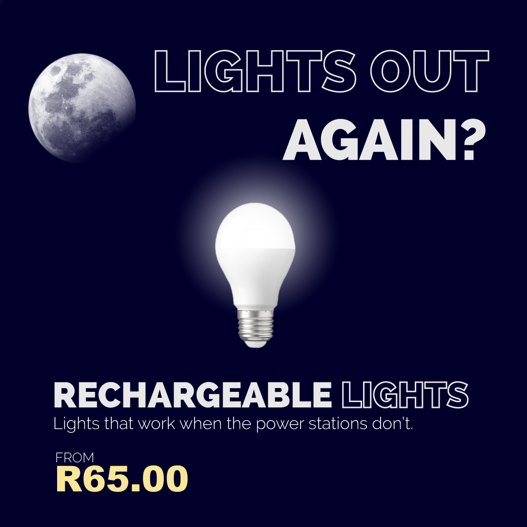 rechargeable light bulbs, loadshedding, load, shedding, eskom, LED, white light, energy saver, E27, screw in,